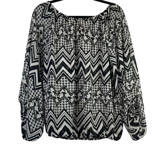 Cedar Rose Women's Chevron Houndstooth Sheer Off-Shoulder Top Black Medium - Picture 1 of 8